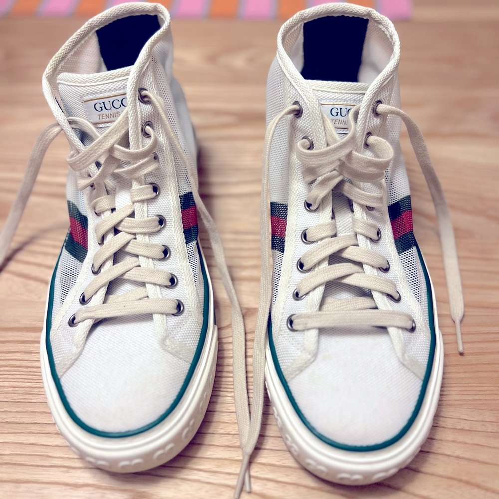Gucci high top sneakers - white with signature colored stripes